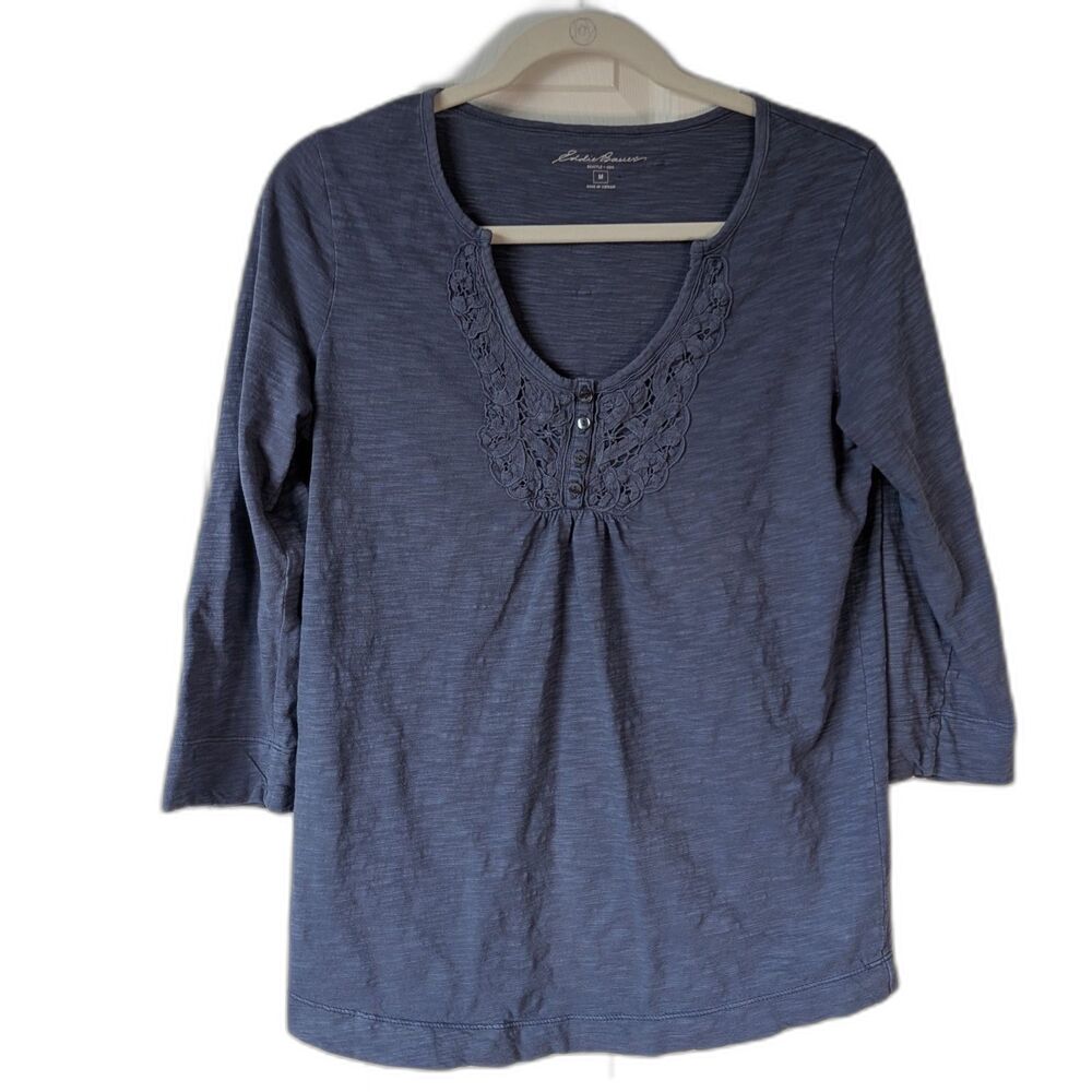 Eddie Bauer Blue Knit Henley Cotton Shirt Size M Patriotic Americana Vacation